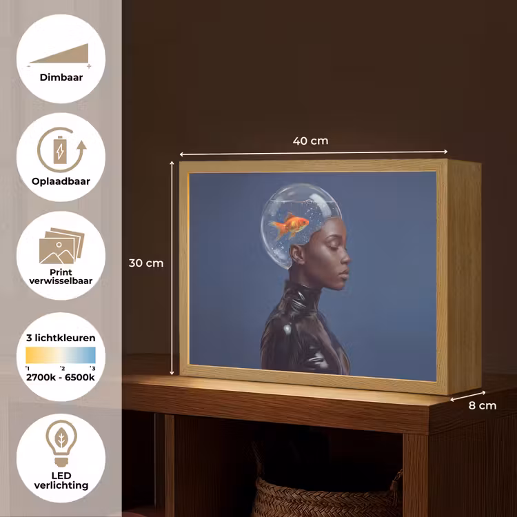 Vrouw - Goudvis - Hoofd - Abstract - Blauw Light Box met batterij (Wandlamp) middel -USP_websiteoverzichtNL