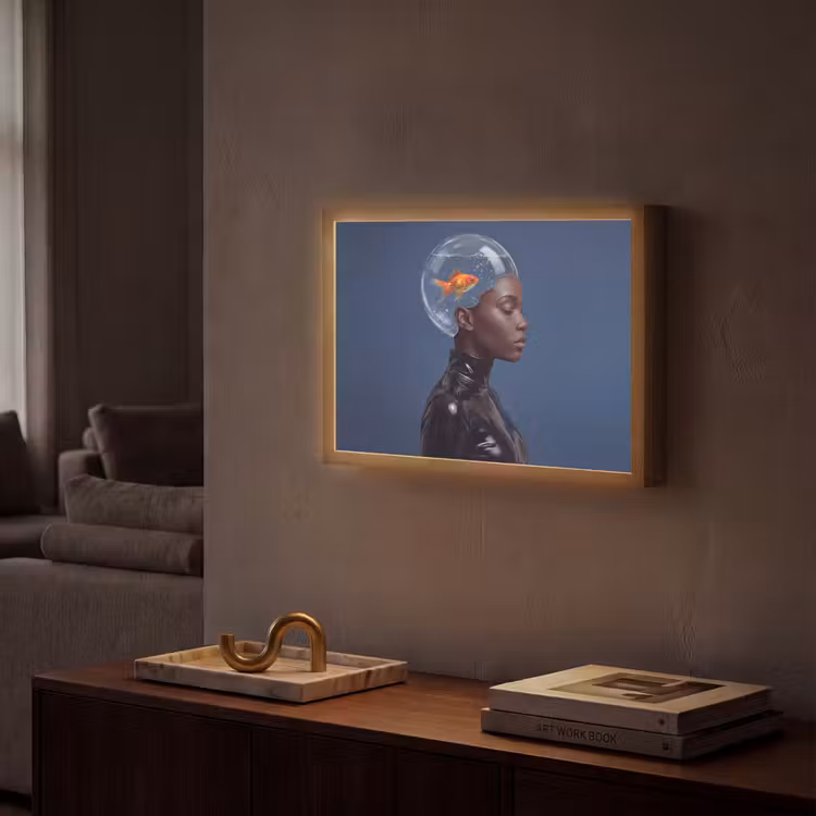 Vrouw - Goudvis - Hoofd - Abstract - Blauw Light Box met batterij (Wandlamp) middel -sfeer1