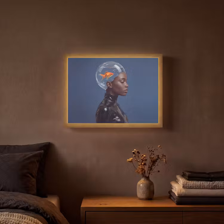 Vrouw - Goudvis - Hoofd - Abstract - Blauw Light Box met batterij (Wandlamp) middel -sfeer4
