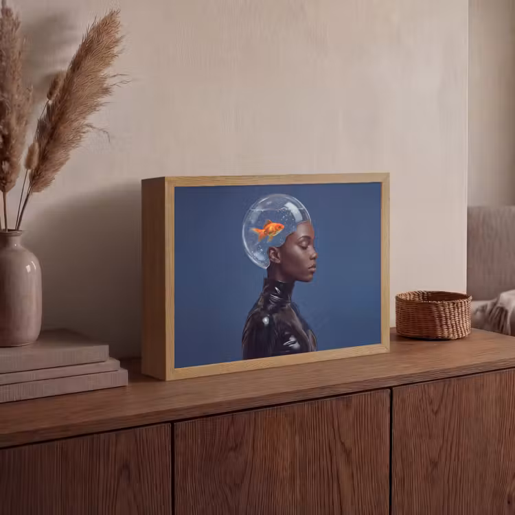 Vrouw - Goudvis - Hoofd - Abstract - Blauw Light Box met batterij (Wandlamp) middel -sfeer2