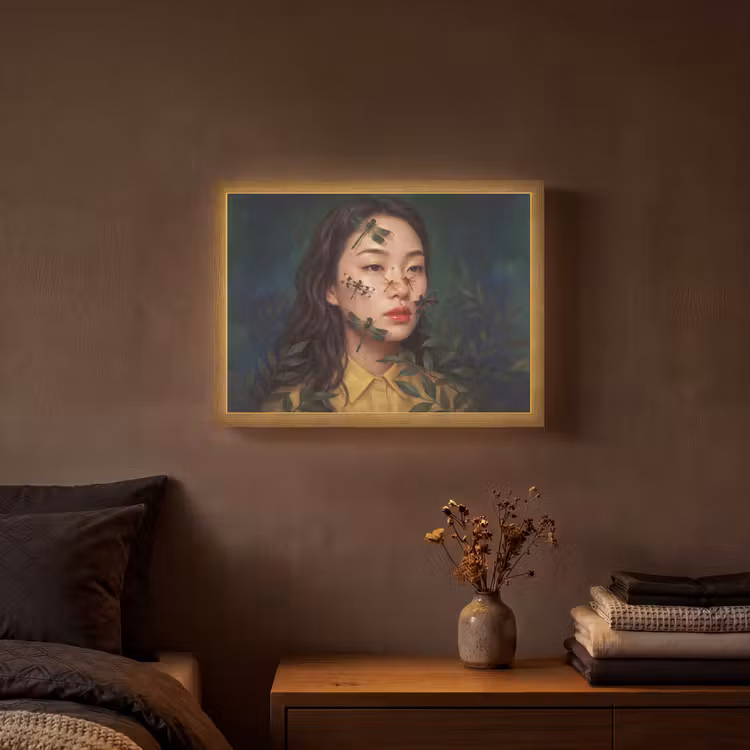 Vrouw - Insecten - Natuur - Portret - Groen Light Box met batterij (Wandlamp) middel -sfeer4