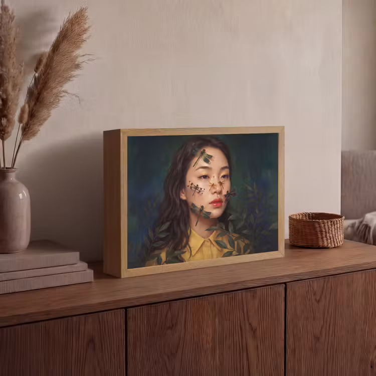 Vrouw - Insecten - Natuur - Portret - Groen Light Box met batterij (Wandlamp) middel -sfeer2