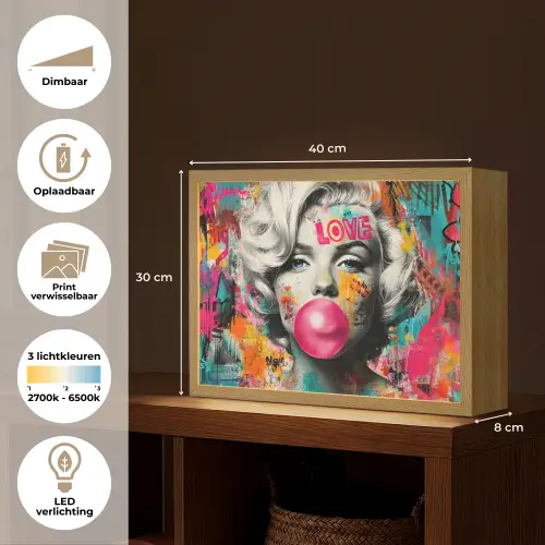 Vrouw - Kauwgom - Graffiti - Neonkleuren Light Box met batterij (Wandlamp) middel -USP_websiteoverzichtNL
