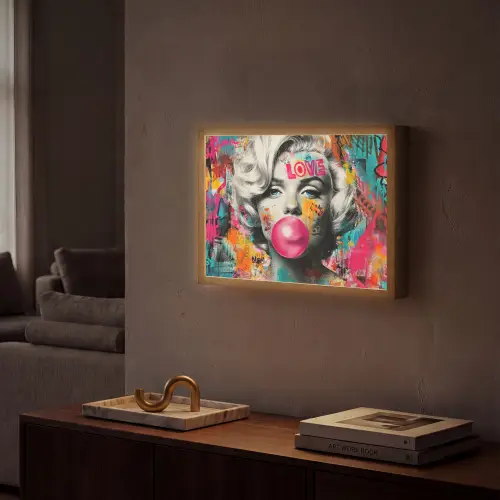 Vrouw - Kauwgom - Graffiti - Neonkleuren Light Box met batterij (Wandlamp) middel -sfeer1