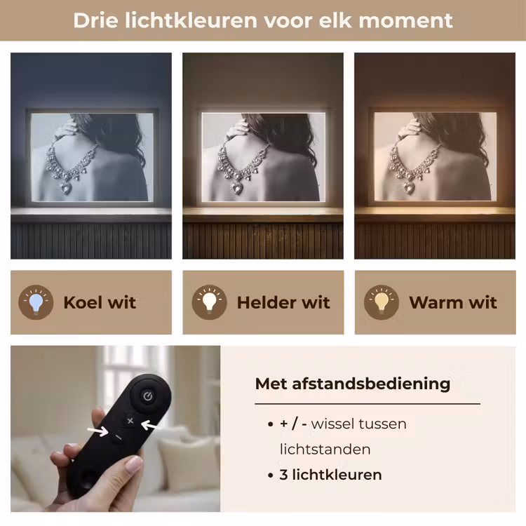 Vrouw - Ketting - Fashion - Zwart - Wit Light Box met batterij (Wandlamp) middel -USP_lichtkleurNL