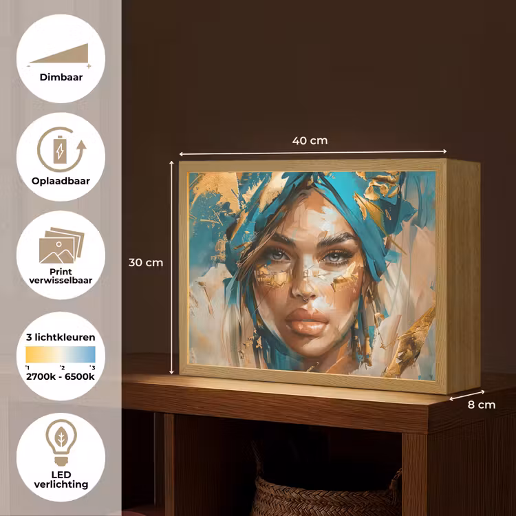Vrouw - Portret - Goud - Luxe - Blauw Light Box met batterij (Wandlamp) middel -USP_websiteoverzichtNL