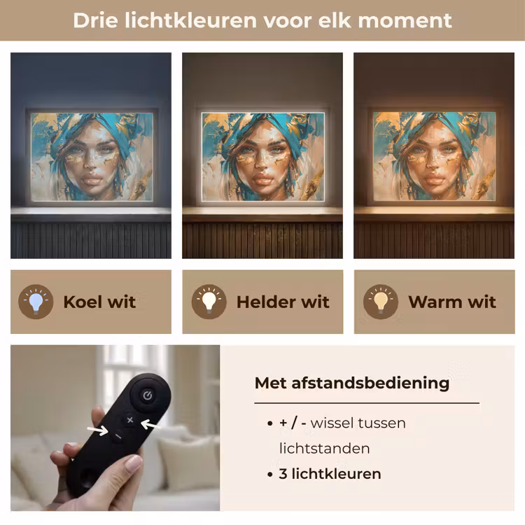 Vrouw - Portret - Goud - Luxe - Blauw Light Box met batterij (Wandlamp) middel -USP_lichtkleurNL