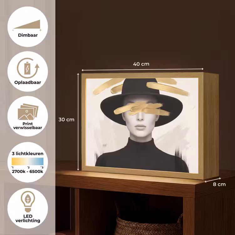 Vrouw - Portret - Modern - Goud - Kunst Light Box met batterij (Wandlamp) middel -USP_websiteoverzichtNL
