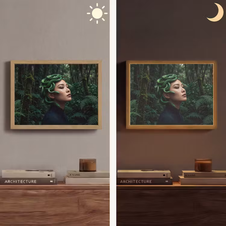 Vrouw - Slang - Natuur - Mystiek - Groen Light Box met batterij (Wandlamp) middel -sfeer3