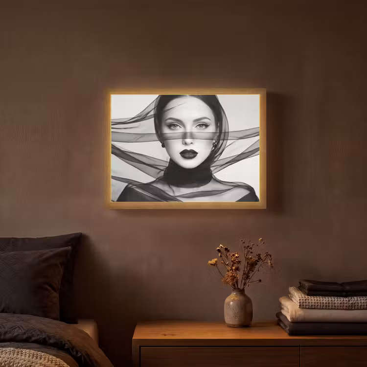 Vrouw - Sluier - Portret - Zwart - Wit - Elegant Light Box met batterij (Wandlamp) middel -sfeer4