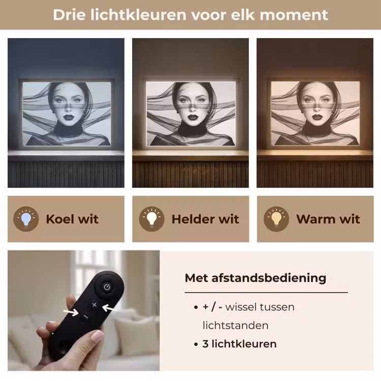 Vrouw - Sluier - Portret - Zwart - Wit - Elegant Light Box met batterij (Wandlamp) middel -USP_lichtkleurNL