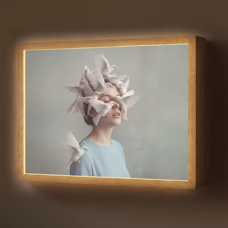 Vrouw - Vogels - Abstract - Modern - Wit Light Box met batterij (Wandlamp) middel -z3d_website