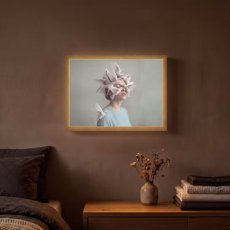 Vrouw - Vogels - Abstract - Modern - Wit Light Box met batterij (Wandlamp) middel -sfeer4