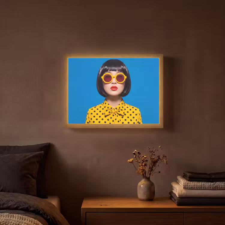 Vrouw - Zonnebril - Pop Art - Portret - Geel Light Box met batterij (Wandlamp) middel -sfeer4