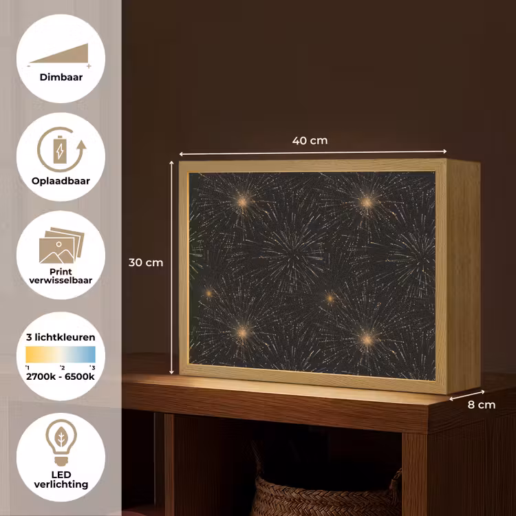Vuurwerk - Patroon - Feestelijk - Goud - Zwart Light Box met batterij (Wandlamp) middel 907 -USP_websiteoverzichtNL
