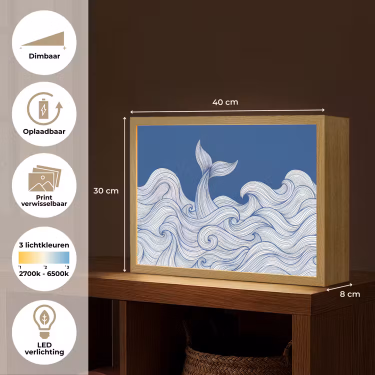 Walvis - Staart - Golven - Lijntekening - Blauw Light Box met batterij (Wandlamp) middel -USP_websiteoverzichtNL