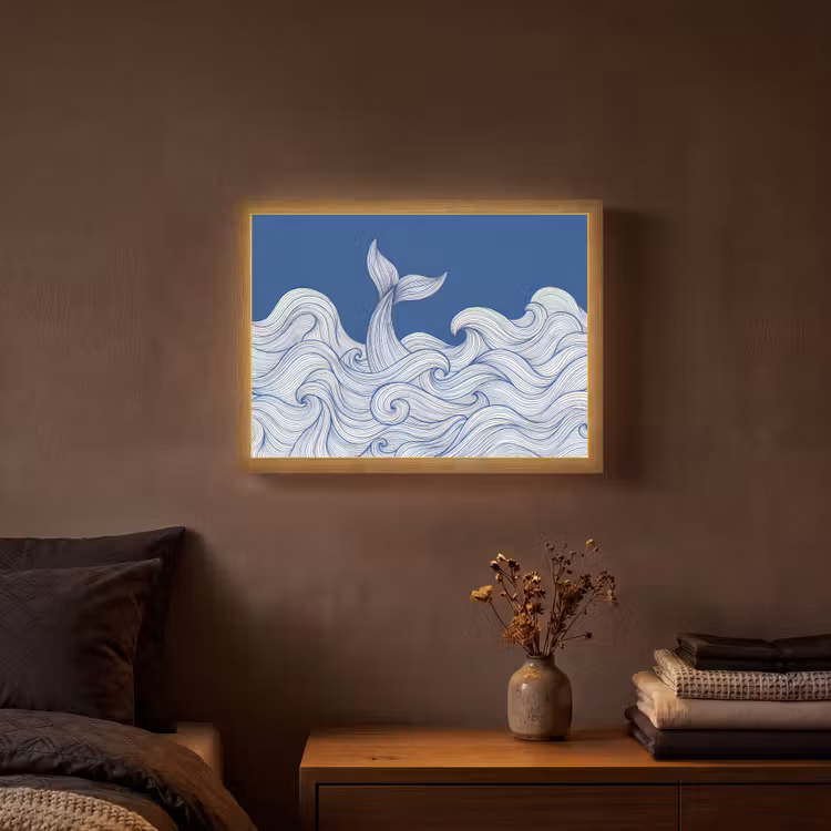 Walvis - Staart - Golven - Lijntekening - Blauw Light Box met batterij (Wandlamp) middel -sfeer4