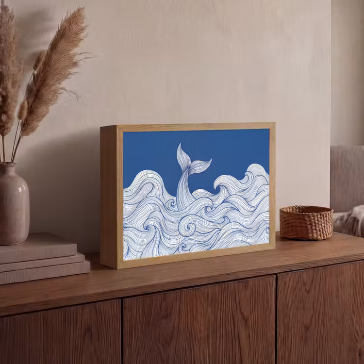 Walvis - Staart - Golven - Lijntekening - Blauw Light Box met batterij (Wandlamp) middel -sfeer2