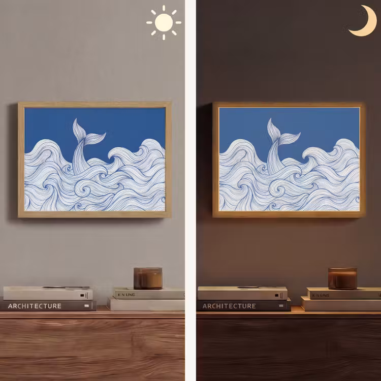 Walvis - Staart - Golven - Lijntekening - Blauw Light Box met batterij (Wandlamp) middel -sfeer3