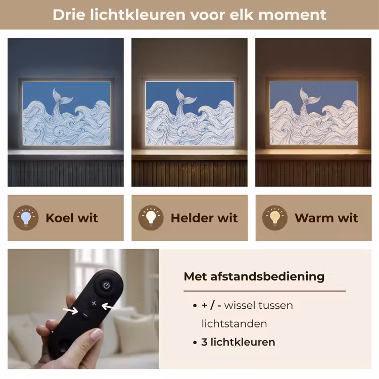 Walvis - Staart - Golven - Lijntekening - Blauw Light Box met batterij (Wandlamp) middel -USP_lichtkleurNL