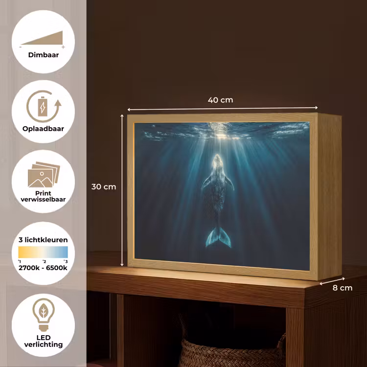 Walvis - Water - Zonnestralen - Blauw Light Box met batterij (Wandlamp) middel -USP_websiteoverzichtNL