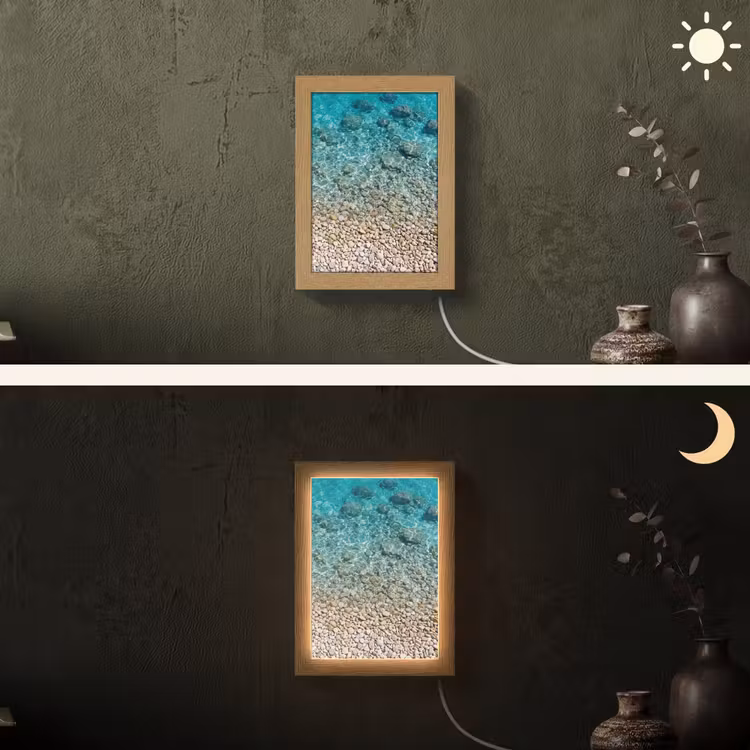 Water - Kiezels - Natuur - Levendig - Turkoois Light Box met kabel (Wandlamp) klein -sfeer3