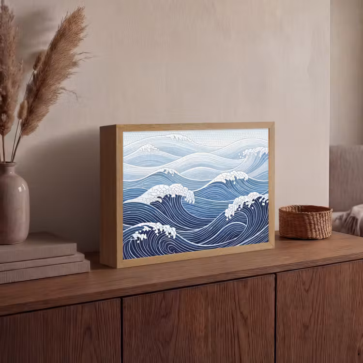 Water - Mozaïek - Landschap - Modern - Blauw Light Box met batterij (Wandlamp) middel -sfeer2