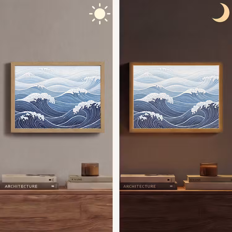 Water - Mozaïek - Landschap - Modern - Blauw Light Box met batterij (Wandlamp) middel -sfeer3