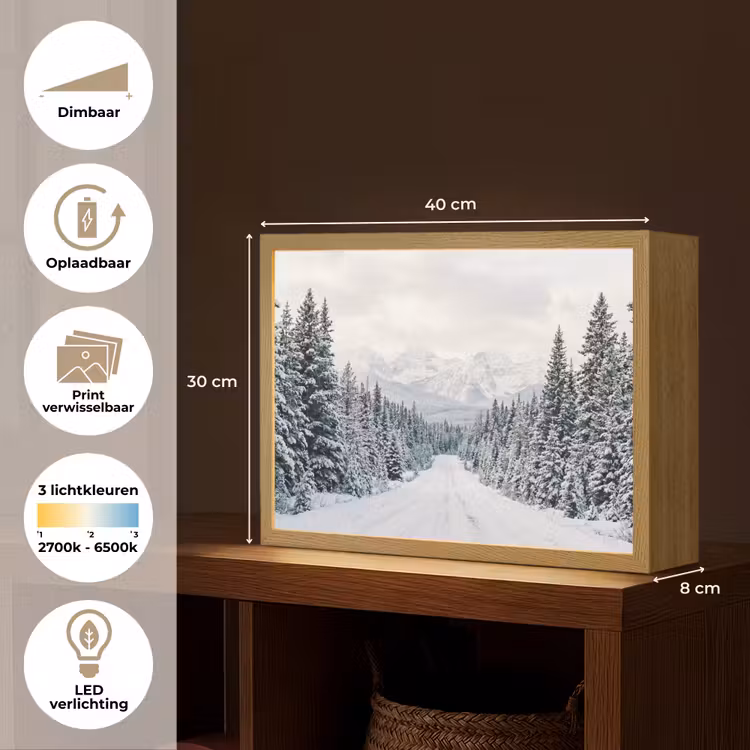 Weg - Sneeuw - Naaldbos - Winter - Avontuurlijk Light Box met batterij (Wandlamp) middel -USP_websiteoverzichtNL
