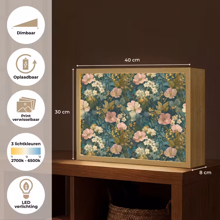 Wilde bloemen - Botanisch - Patroon - Roze - Romantisch Light Box met batterij (Wandlamp) middel 907 -USP_websiteoverzichtNL