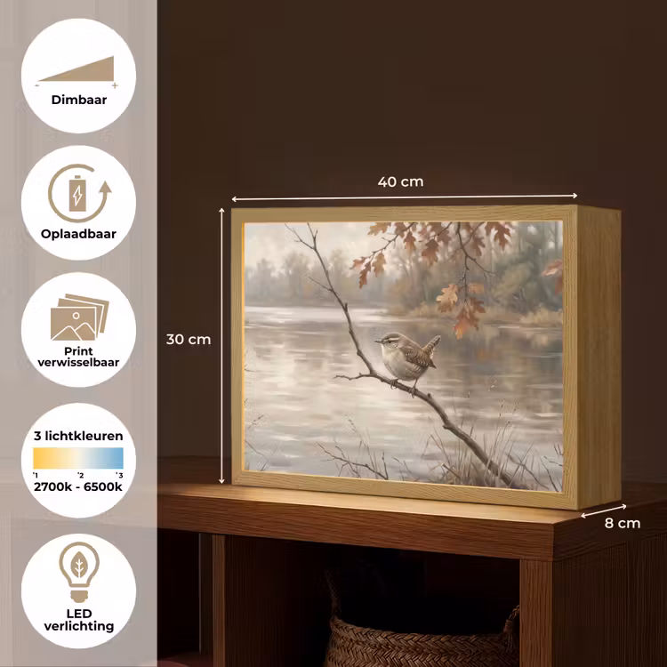 Winterkoninkje - Tak - Rivier - Natuur - Sfeervol Light Box met batterij (Wandlamp) middel -USP_websiteoverzichtNL