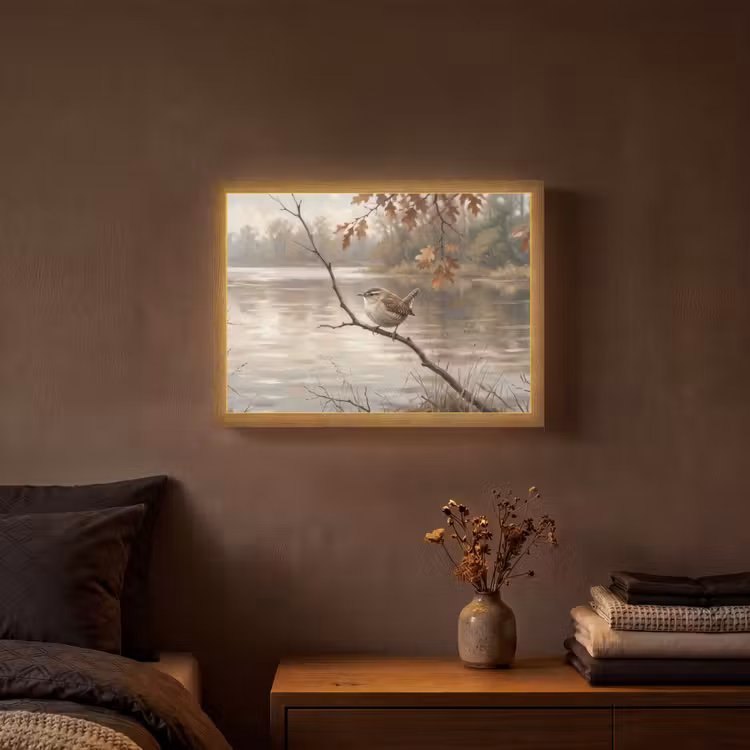 Winterkoninkje - Tak - Rivier - Natuur - Sfeervol Light Box met batterij (Wandlamp) middel -sfeer4