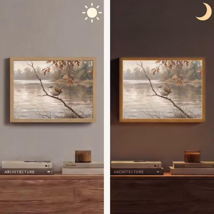 Winterkoninkje - Tak - Rivier - Natuur - Sfeervol Light Box met batterij (Wandlamp) middel -sfeer3