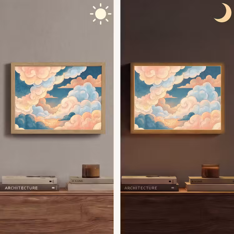 Wolk - Lucht - Natuur - Illustratief - Oranje Light Box met batterij (Wandlamp) middel -sfeer3
