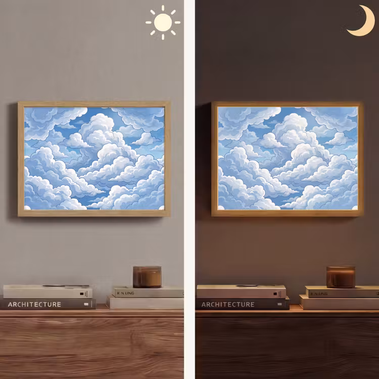 Wolken - Hemel - Abstract - Wit Light Box met batterij (Wandlamp) middel -sfeer3