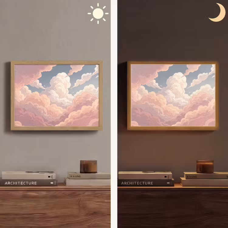 Wolken - Lucht - Natuur - Pastel - Roze Light Box met batterij (Wandlamp) middel -sfeer3