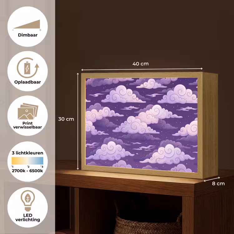 Wolken - Nacht - Natuur - Abstract - Paars Light Box met batterij (Wandlamp) middel -USP_websiteoverzichtNL