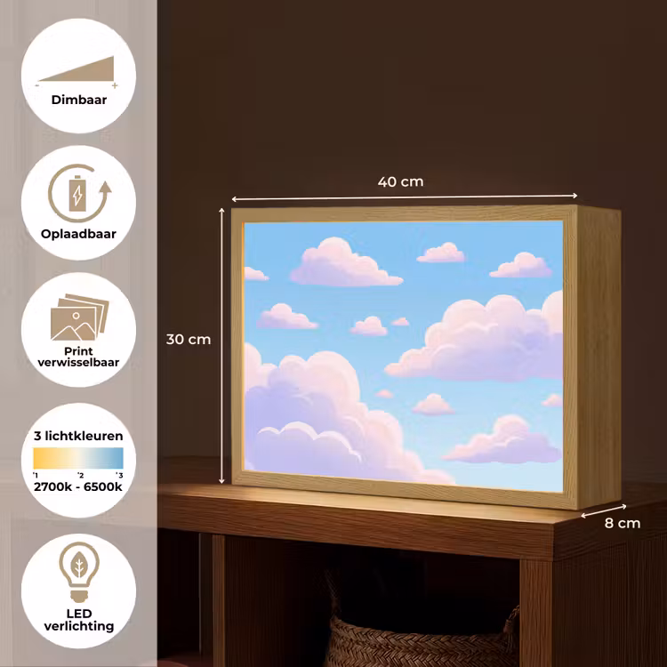 Wolken - Roze - Blauw - Natuur - Modern Light Box met batterij (Wandlamp) middel -USP_websiteoverzichtNL