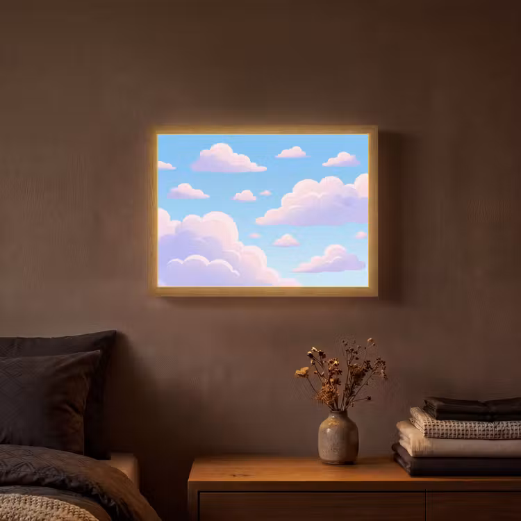 Wolken - Roze - Blauw - Natuur - Modern Light Box met batterij (Wandlamp) middel -sfeer4