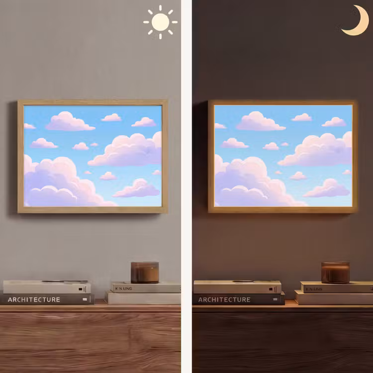 Wolken - Roze - Blauw - Natuur - Modern Light Box met batterij (Wandlamp) middel -sfeer3