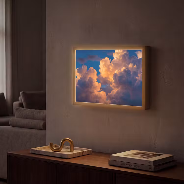 Wolken - Zonsondergang - Natuur - Oranje - Blauw Light Box met batterij (Wandlamp) middel -sfeer1