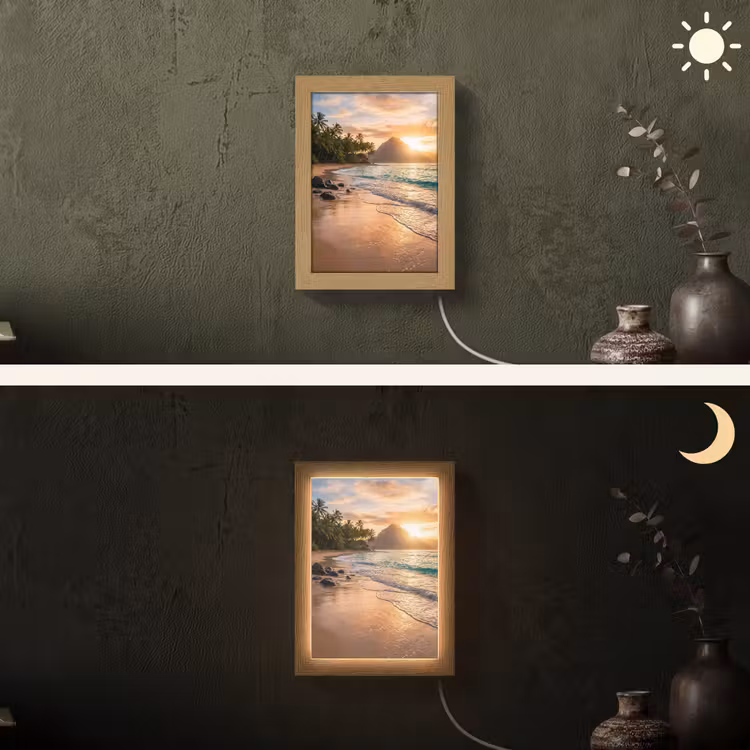 Zee - Berg - Landschap - Tropisch - Goud Light Box met kabel (Wandlamp) klein -sfeer3