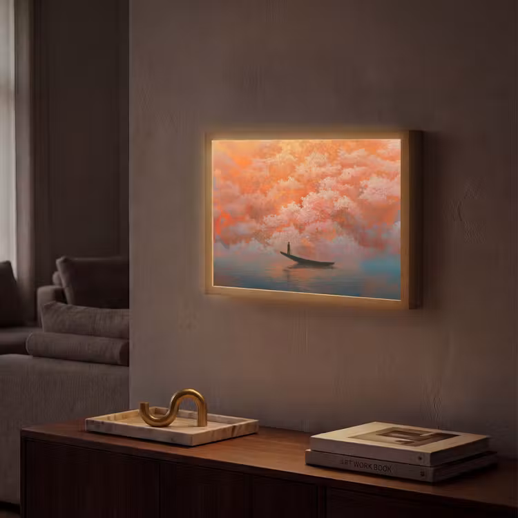 Zee - Boot - Wolken - Oranje Light Box met batterij (Wandlamp) middel -sfeer1