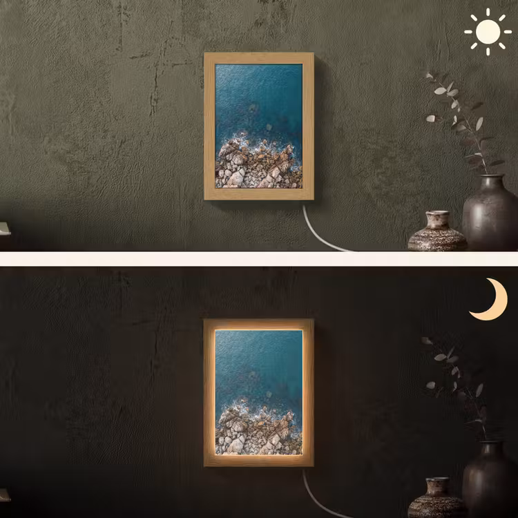 Zee - Kustlijn - Natuur - Abstract - Blauw Light Box met kabel (Wandlamp) klein -sfeer3