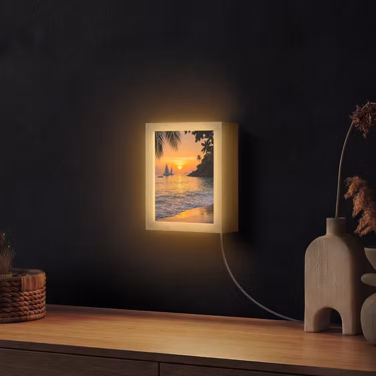 Zee - Zonsondergang - Boot - Natuur - Oranje Light Box met kabel (Wandlamp) klein -sfeer1