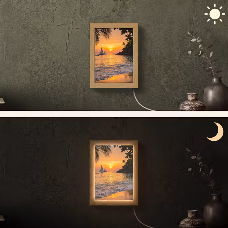 Zee - Zonsondergang - Boot - Natuur - Oranje Light Box met kabel (Wandlamp) klein -sfeer3