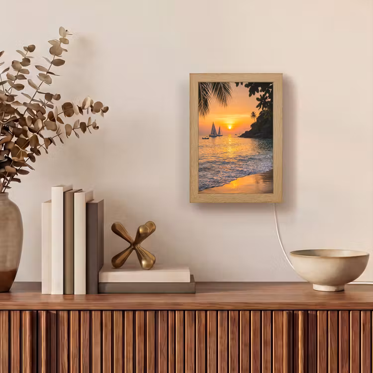 Zee - Zonsondergang - Boot - Natuur - Oranje Light Box met kabel (Wandlamp) klein -sfeer2