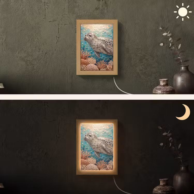 Zeehond - Mozaïek - Onderwater - Dieren - Blauw Light Box met kabel (Wandlamp) klein -sfeer3