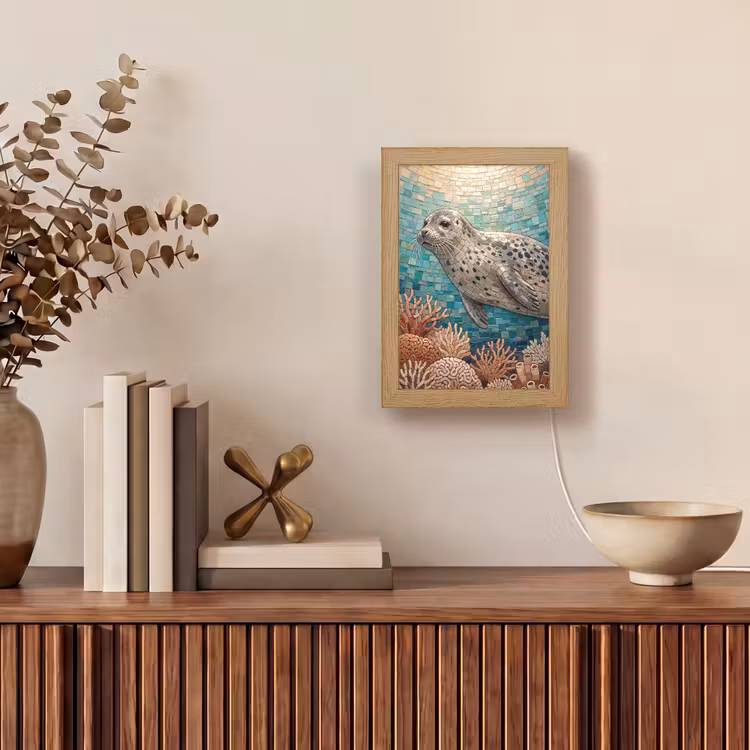 Zeehond - Mozaïek - Onderwater - Dieren - Blauw Light Box met kabel (Wandlamp) klein -sfeer2