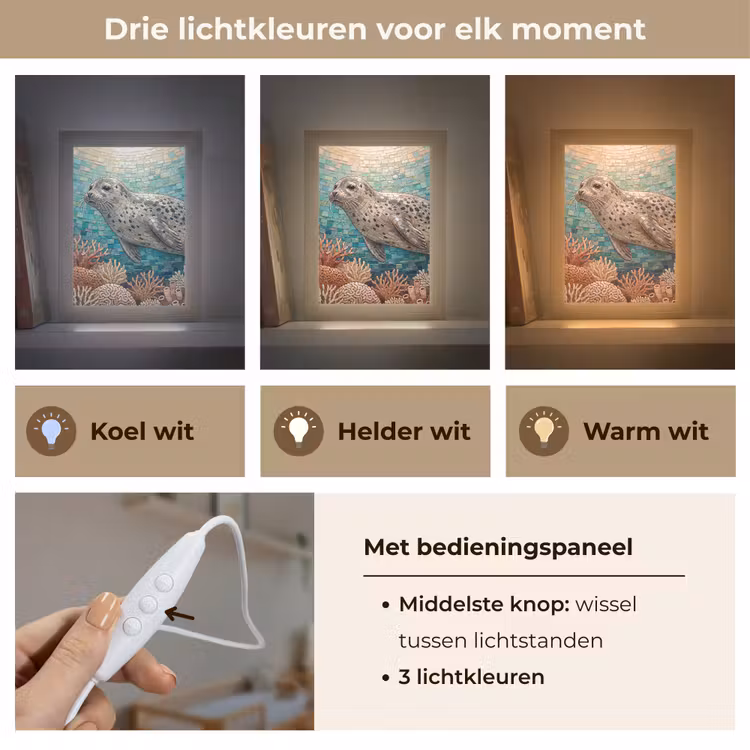 Zeehond - Mozaïek - Onderwater - Dieren - Blauw Light Box met kabel (Wandlamp) klein -USP_lichtkleurNL